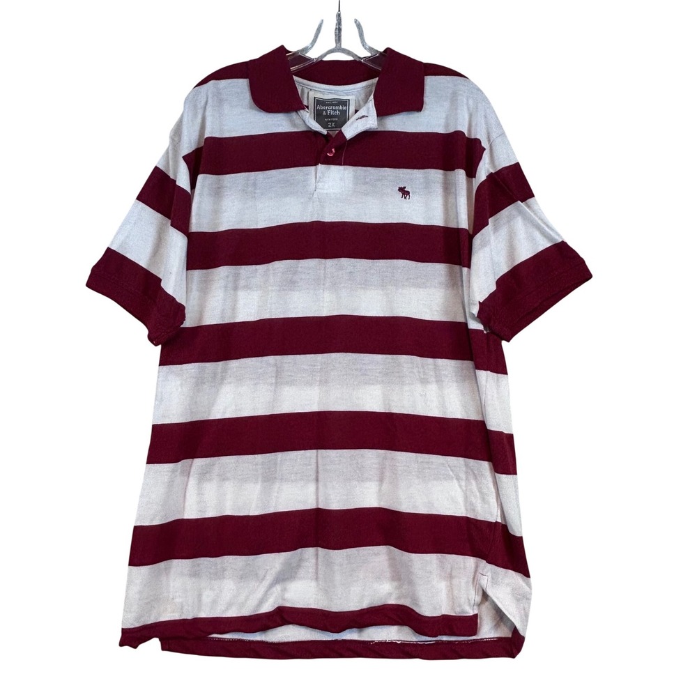 Abercrombie & Fitch Mens 2X Burgundy White Striped Short Sleeve Polo Shirt Logo